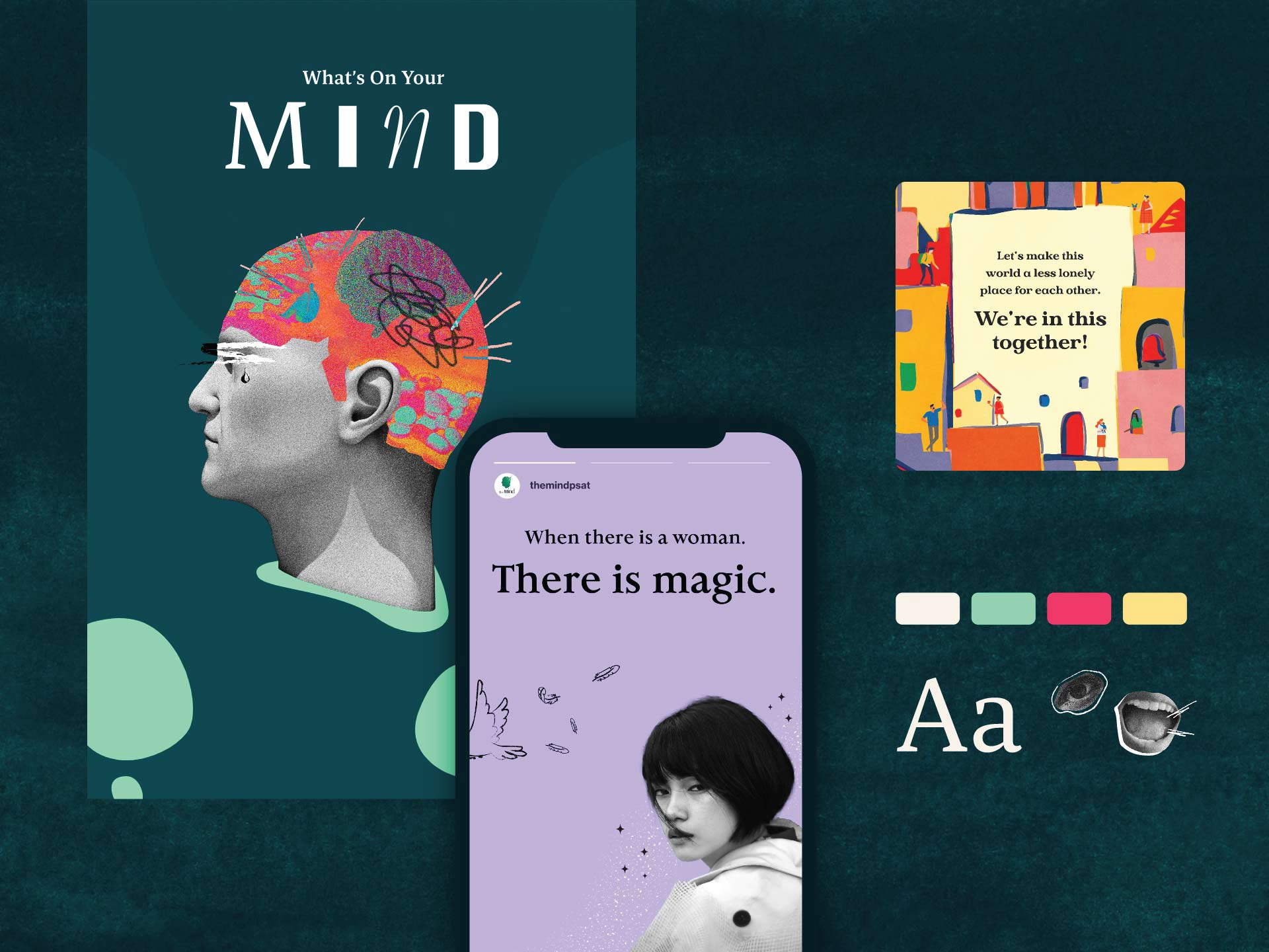 A collage of digital designs features a colorful 3D-rendered head, a smartphone displaying social media content, and vibrant graphic elements, highlighting innovative branding and design by a top creative marketing agency in Malaysia.