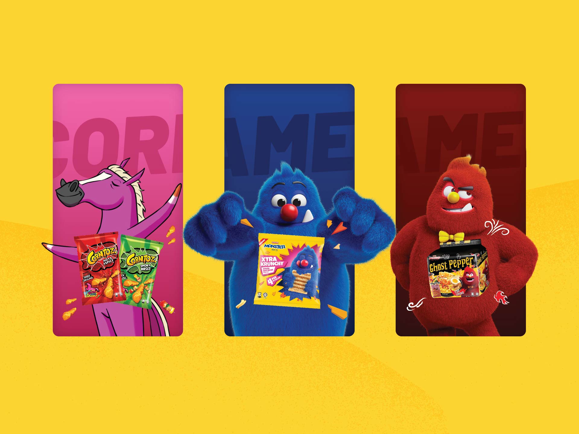 Three colorful cartoon characters hold various Mamee snacks, in a bright yellow background with vibrant product branding. This playful and engaging design showcases a creative project by a leading web design agency in Malaysia.