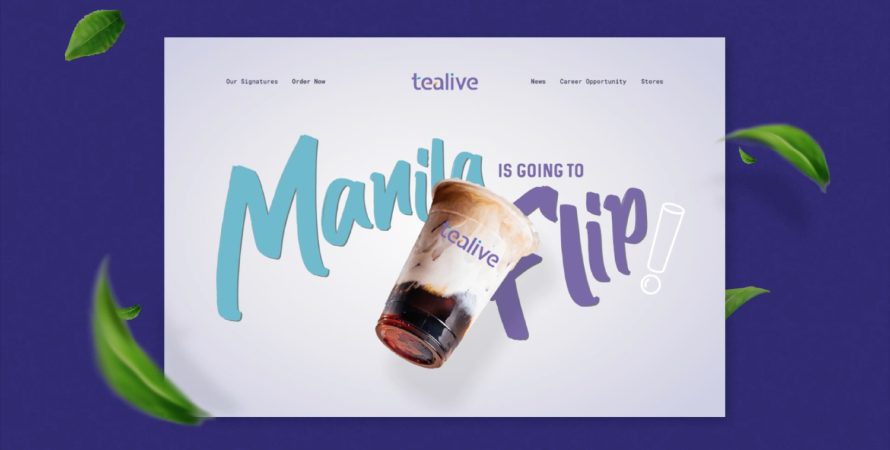 A vibrant website design by Bike Bear for Tealive features a colorful drink cup and dynamic typography on a purple background with floating tea leaves focusing on engaging visuals and brand identity.
