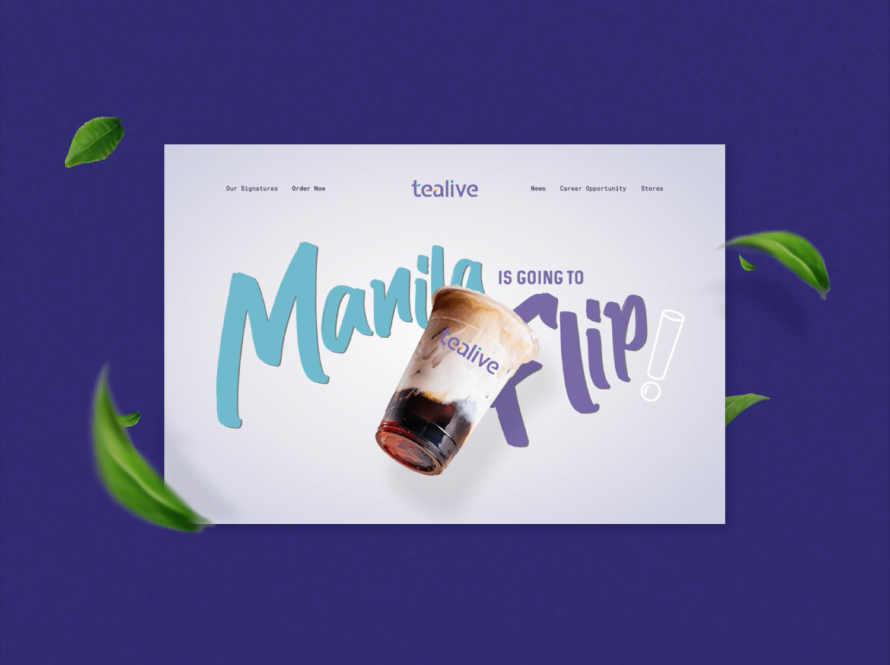A vibrant website design by Bike Bear for Tealive features a colorful drink cup and dynamic typography on a purple background with floating tea leaves focusing on engaging visuals and brand identity.