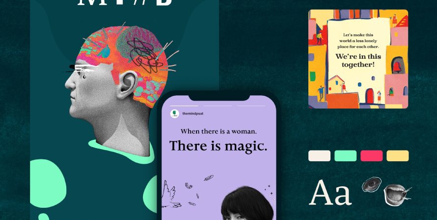 A collage of digital designs features a colorful 3D-rendered head, a smartphone displaying social media content, and vibrant graphic elements, highlighting innovative branding and design by a top creative marketing agency in Malaysia.