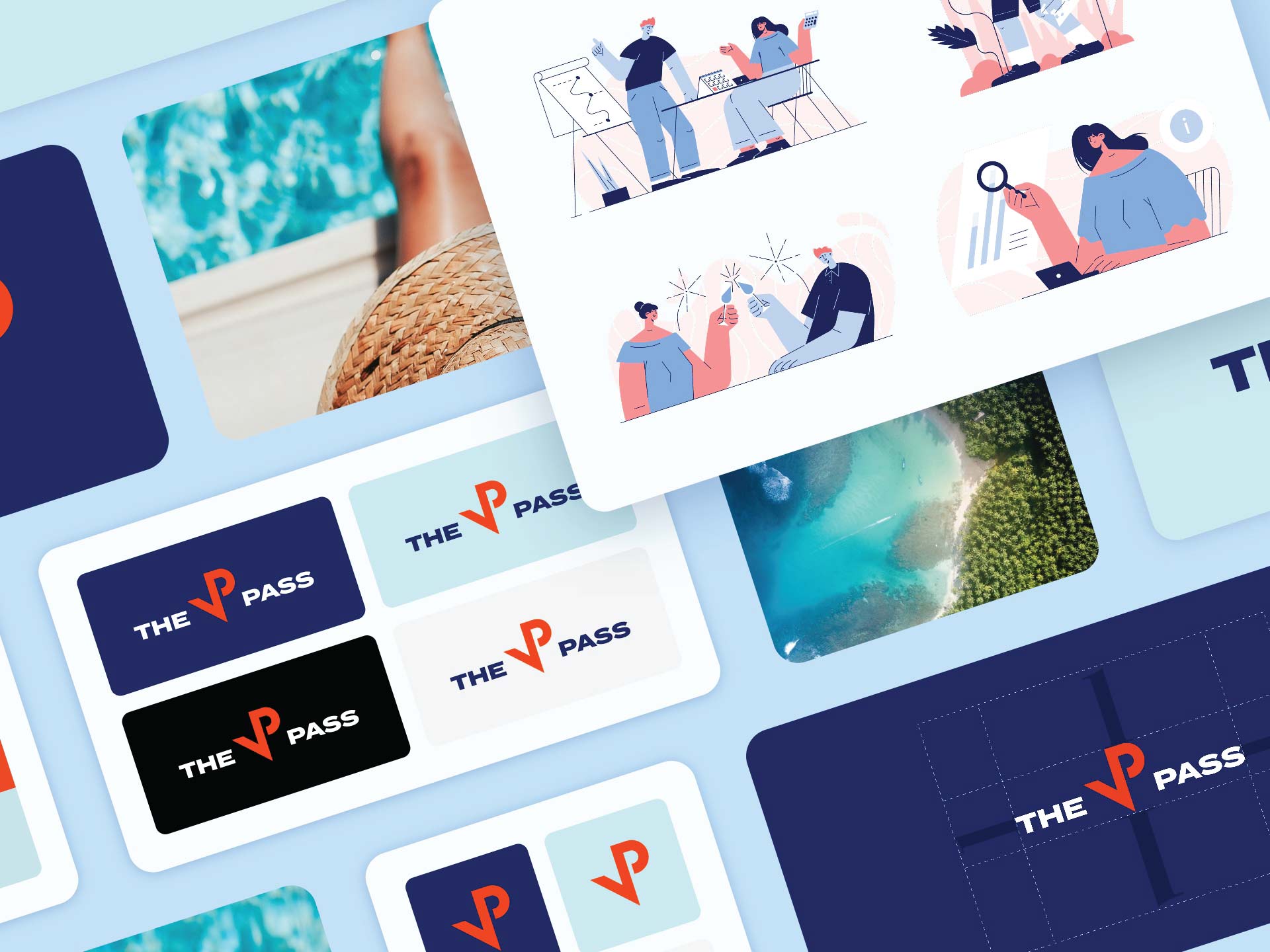 A collection of 'The VIP Pass' branding elements, including various logo designs, travel-themed photographs and illustrations of people in discussions, arranged on a light blue background.