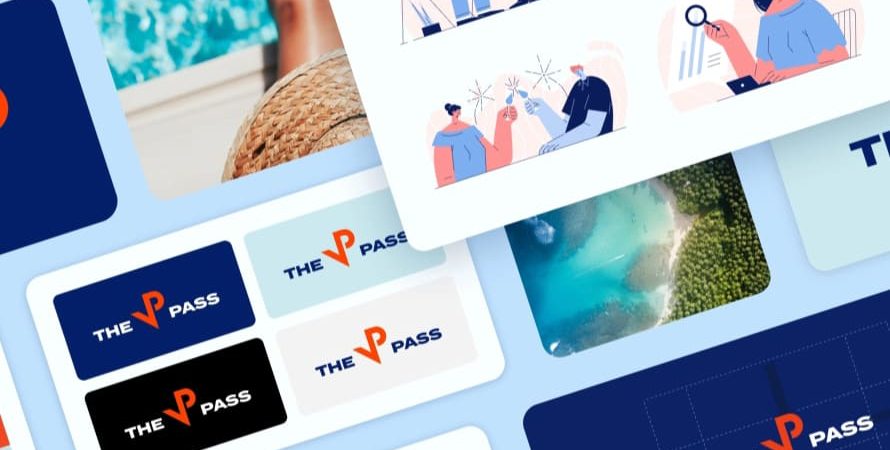 A collection of 'The VIP Pass' branding elements, including various logo designs, travel-themed photographs and illustrations of people in discussions, arranged on a light blue background.