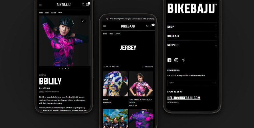 Three smartphones displaying mobile interface of BikeBaju's e-commerce website design with various cycling jerseys, emphasising seamless mobile shopping experience.